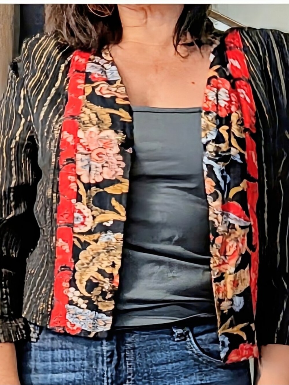 Vintage Carole Little Red/Gold Floral & Striped Cropped Open Jacket Size 10 - Picture 9 of 11